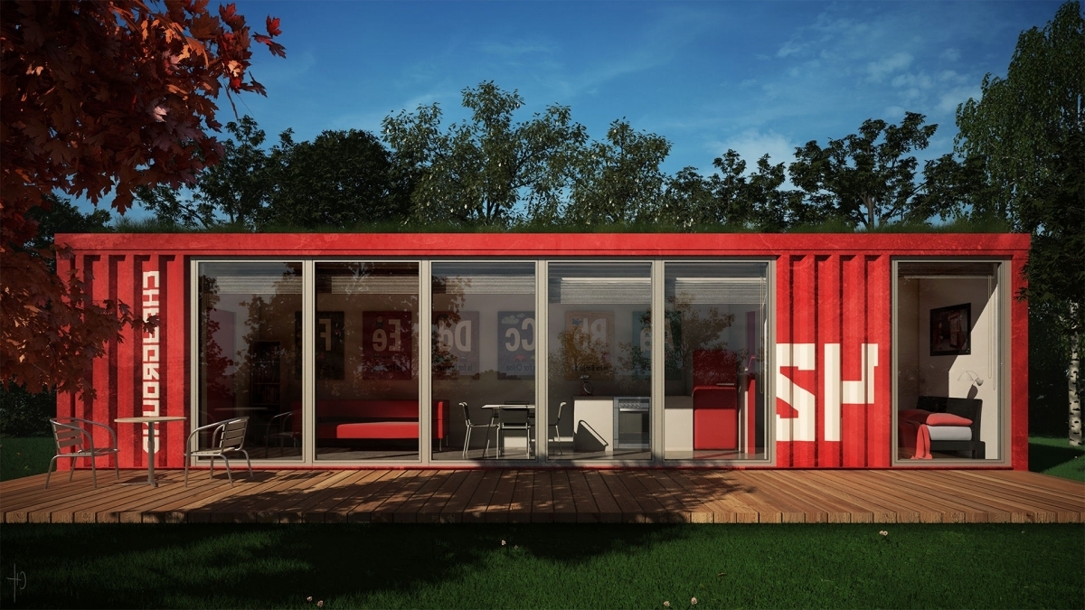 Completing Red Storage Container Homes with Glass Sliding Door and Wooden Deck near Grass Yard
