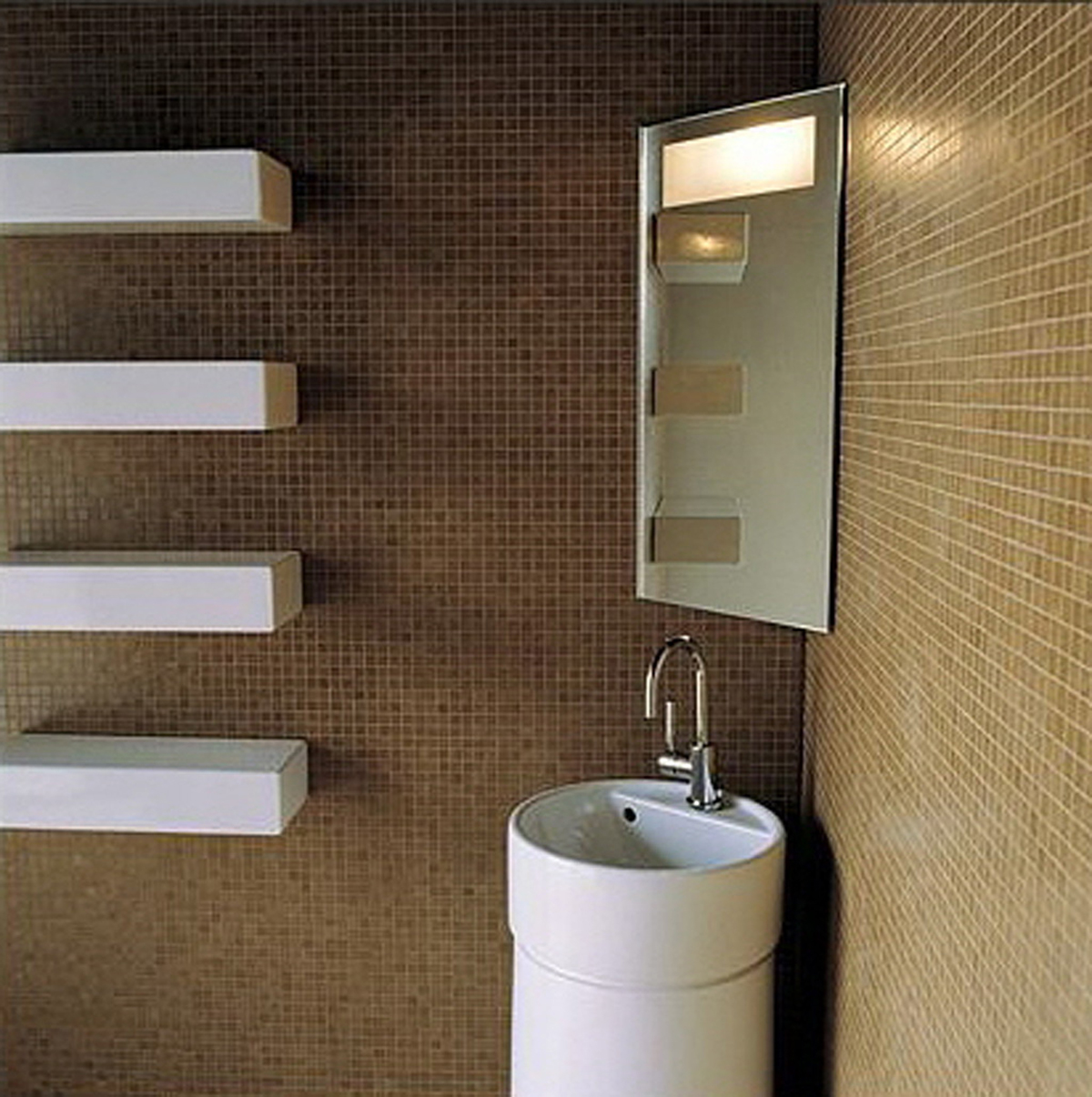 Surprising Bathroom Vanity at the Corner with Mirrored Cabinet and Open Wall Shelves