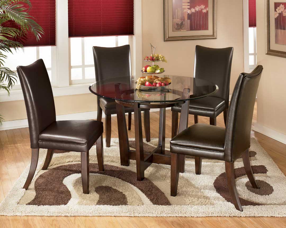 Impressive Dining Room Rugs Used in Small Dining Area with Leather Chairs and Round Glass Top Table